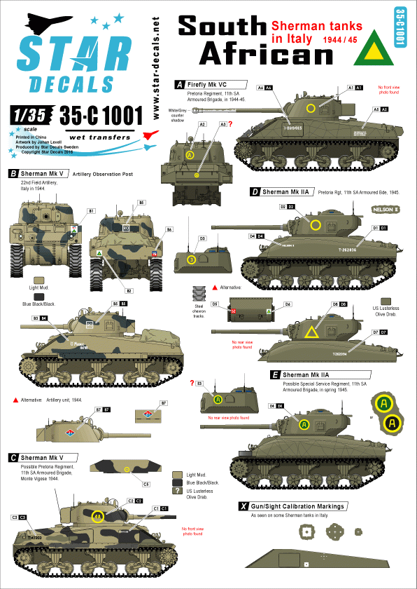Star Decals 35-C1001 Chars Sherman sud-africains en Italie 1943-45 1/35 