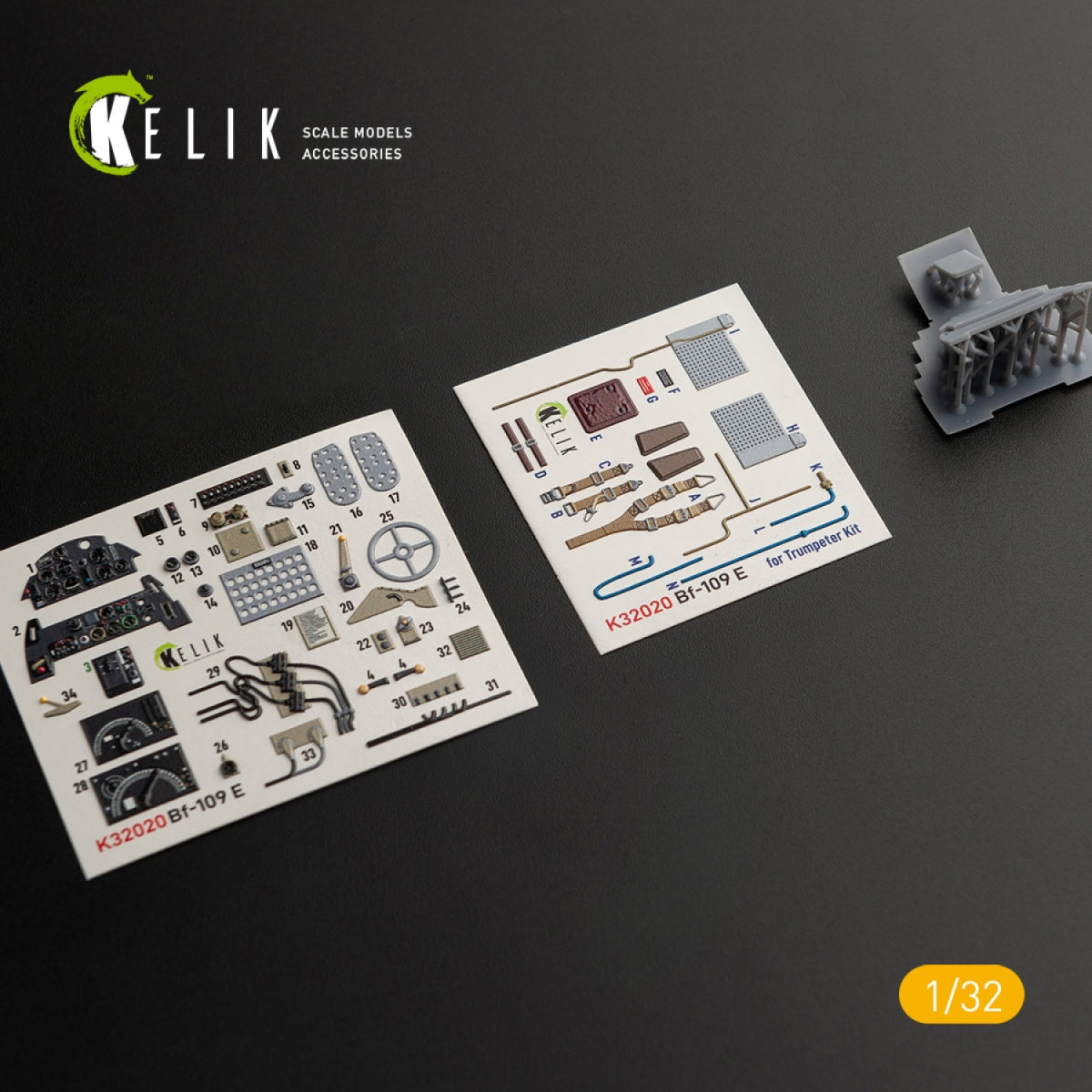 KELIK K32020 BF-109 E - Décalcomanies 3D pour l&amp;#39;intérieur du kit Trumpeter au 1/32, avec pièces imprimées en 3D