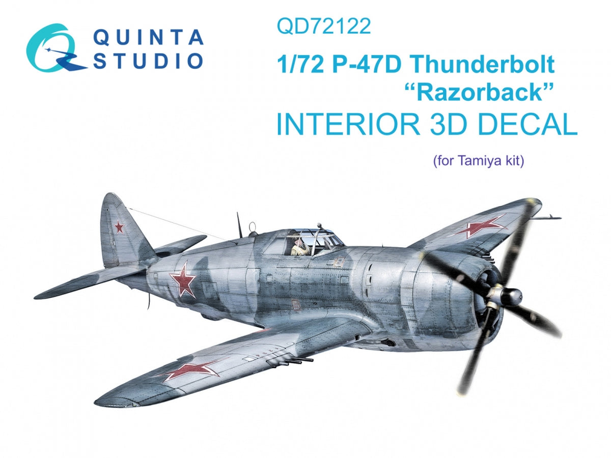 Intérieur imprimé en 3D et coloré sur papier décalcomanie Quinta Studio QD72122 P-47D Thunderbolt Razorback (Tamiya) 1/72