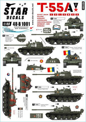 Star Decals 48-B1001 Chars T-55A 1. Guerre froide. Armée soviétique (infanterie de terre et de marine), Pologne, Hongrie, Tchécoslovaquie, Allemagne (RDA), Roumanie et Yougoslavie 1/48