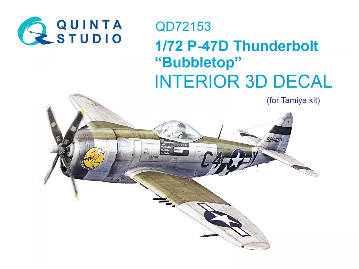 Intérieur coloré imprimé en 3D sur papier décalcomanie Quinta Studio QD72153 P-47D Thunderbolt Bubbletop (Tamiya) 1/72