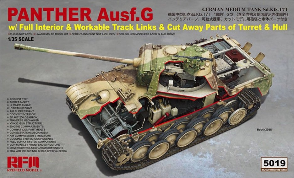 Maquette Rye Field 5019 Panther Ausf.G avec intérieur complet, chenilles fonctionnelles et parties découpées de la tourelle et de la caisse, échelle 1/35