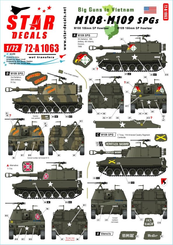 Star Decals 72-A1063 Gros canons au Vietnam. Obusiers automoteurs M108 et canons de 155 mm M109 de l'armée américaine, échelle 1/72