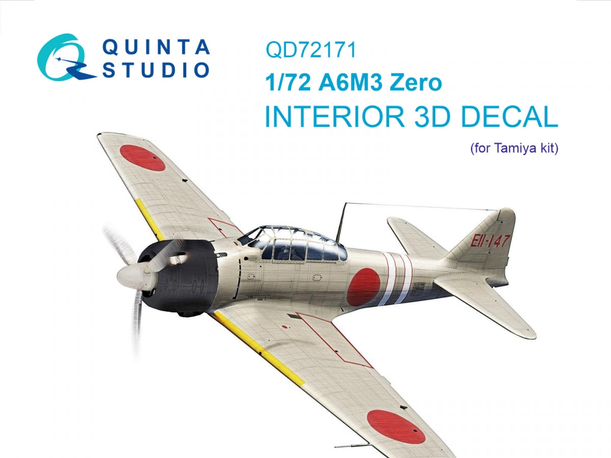 Intérieur imprimé en 3D et coloré sur papier décalcomanie Quinta Studio QD72171 A6M3 Zero (Tamiya) 1/72