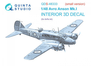 Intérieur imprimé en 3D et coloré sur papier décalcomanie Quinta Studio QDS-48333 Avro Anson Mk.I (Airfix) (Petite version) 1/48