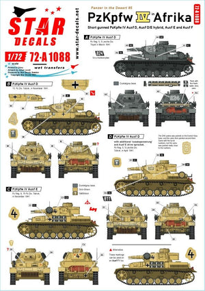Star Decals 72-A1088 Panzer dans le désert n° 5. PzKpfw IV Ausf D, D/E Hybrid, E et F1, en Afrique du Nord, échelle 1/72