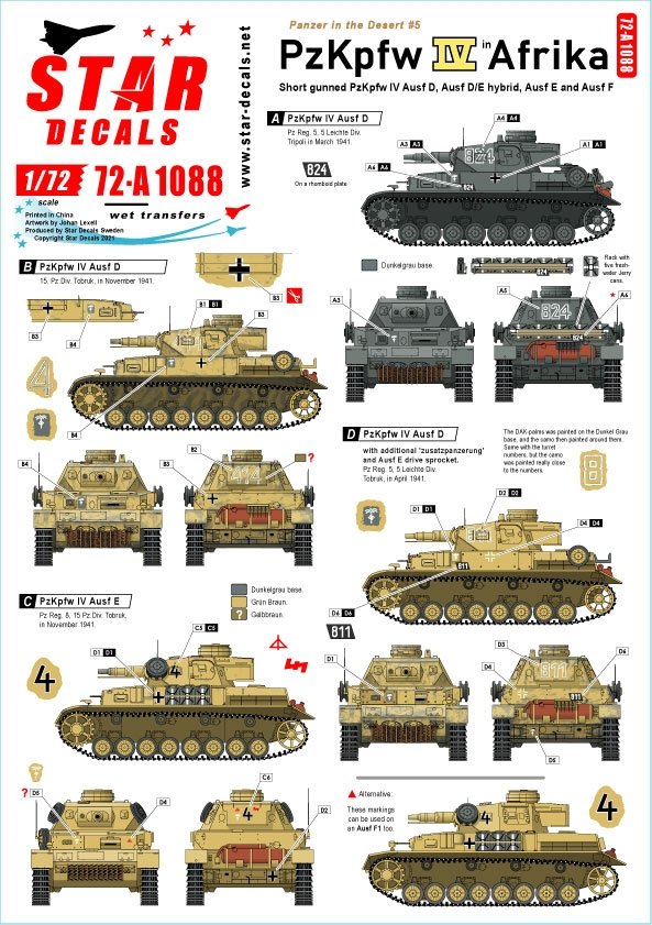 Star Decals 72-A1088 Panzer dans le désert n° 5. PzKpfw IV Ausf D, D/E Hybrid, E et F1, en Afrique du Nord, échelle 1/72