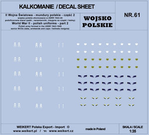 Décalcomanies Weikert DEC261 Uniformes polonais - pattes de calotte, épaulettes, insignes pour casquettes et casques - partie 2 - vol. 61 1/35