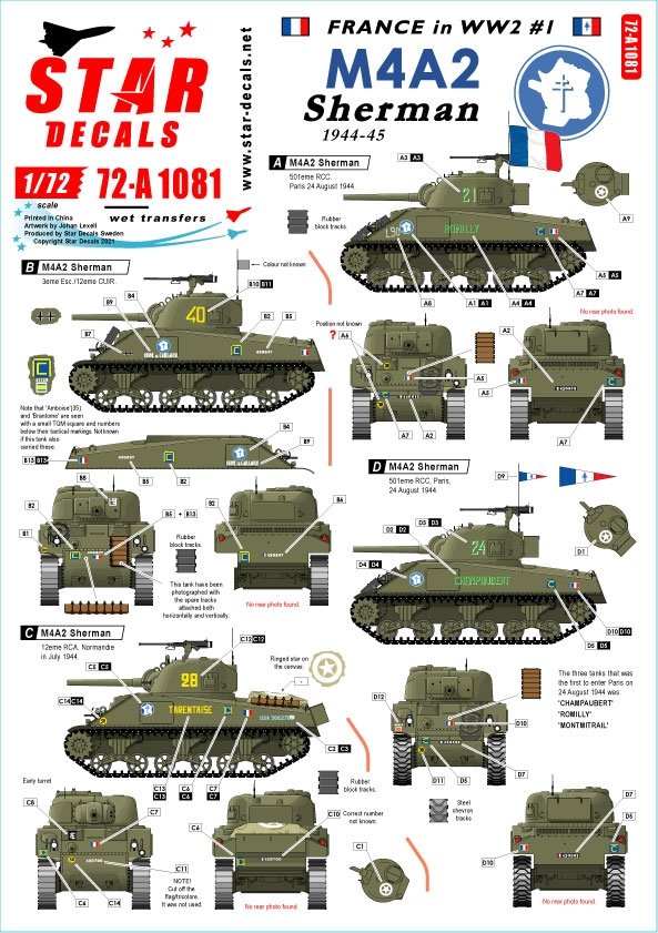 Star Decals 72-A1081 Char Sherman M4A2 français. M4A2 en 1944-45. De Normandie à Paris, échelle 1/72