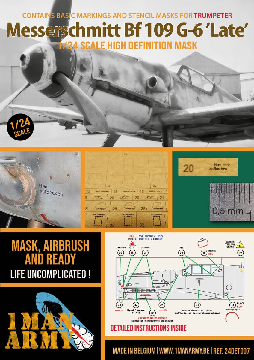 Masques aérographe haute définition 1 Man Army 24DET007 Messerschmitt Bf-109 G-6 Late pour maquette Trumpeter au 1/24
