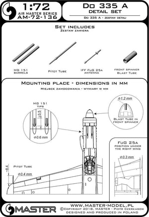 Master AM-72-136 Do 335 A – ensemble de détails – MG 151, antenne FuG 25a, tube de Pitot (1/72) – immagine 3
