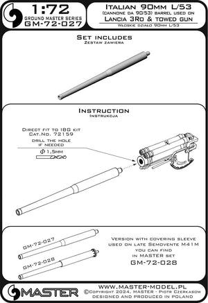 Canon Master GM-72-027 du canon italien de 90 mm L/53 (Cannone da 90/53) - utilisé comme canon tracté et sur véhicules, par exemple Lancia 3Ro, premiers Semovente M41M 1/72 – image 4