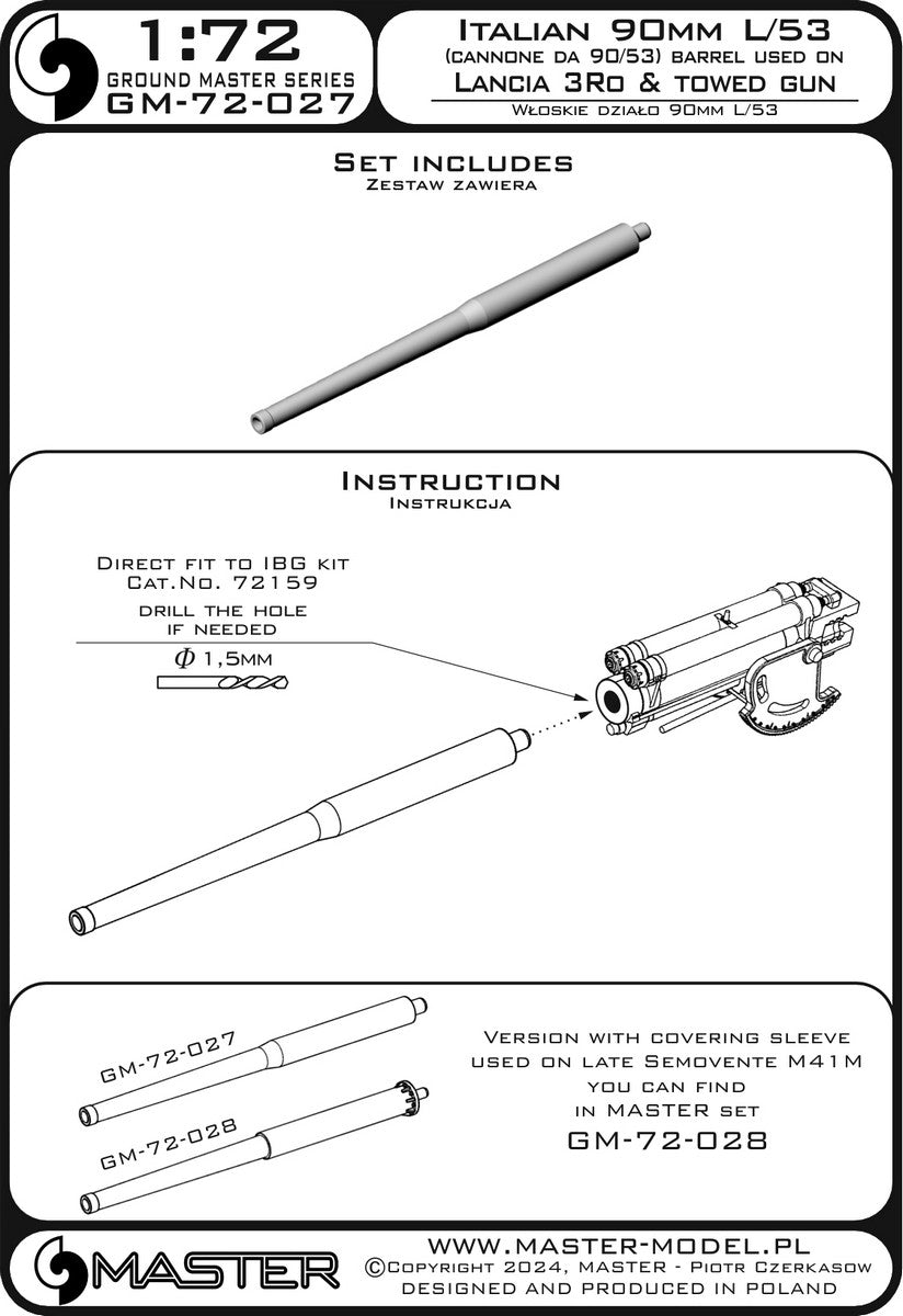 Canon Master GM-72-027 du canon italien de 90 mm L/53 (Cannone da 90/53) - utilisé comme canon tracté et sur véhicules, par exemple Lancia 3Ro, premiers Semovente M41M 1/72 – image 4