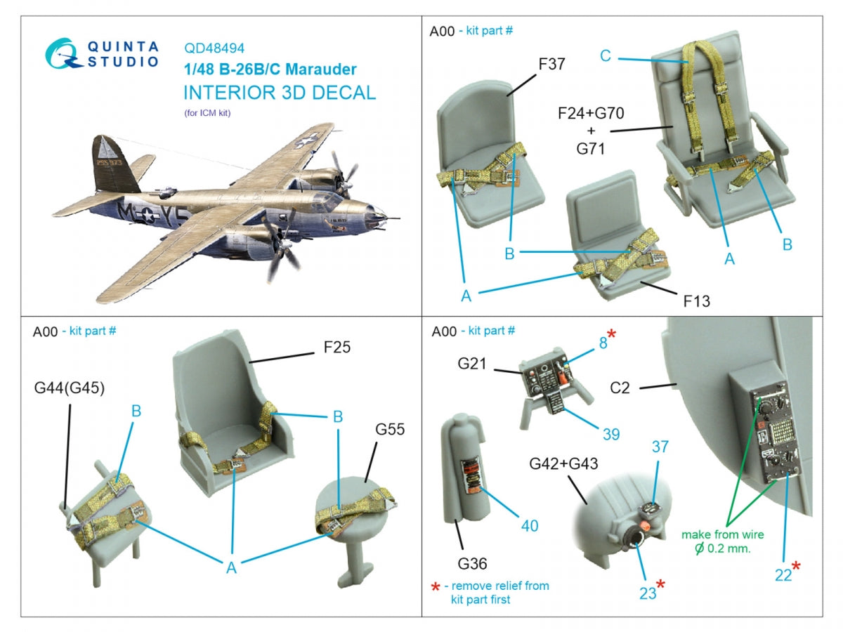 Quinta Studio QD48494 B-26B/C Marauder Intérieur coloré imprimé en 3D sur papier décalcomanie (ICM) 1/48 – Bild 2
