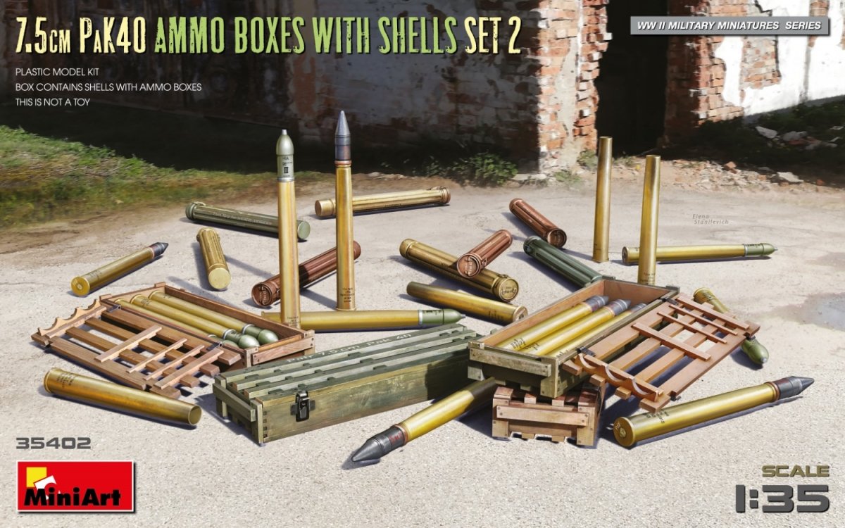 MiniArt 35402 Boîtes de munitions PaK40 7,5 cm avec cartouches, lot de 2, échelle 1/35