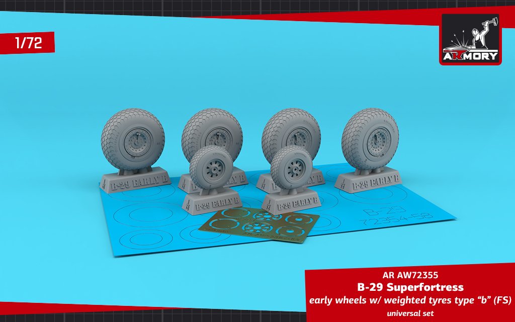 Armory Models AW72355 B-29 Superfortress early production wheels w/ weighted tyres type “b” (FS) &amp;amp; PE hubcaps 1/72