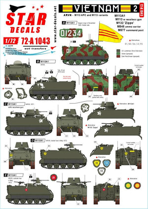 Star Decals 72-A1043 Vietnam 2. M113A1, M113 avec canon sans recul, M132 Zippo, porte-munitions M548, M577 1/72