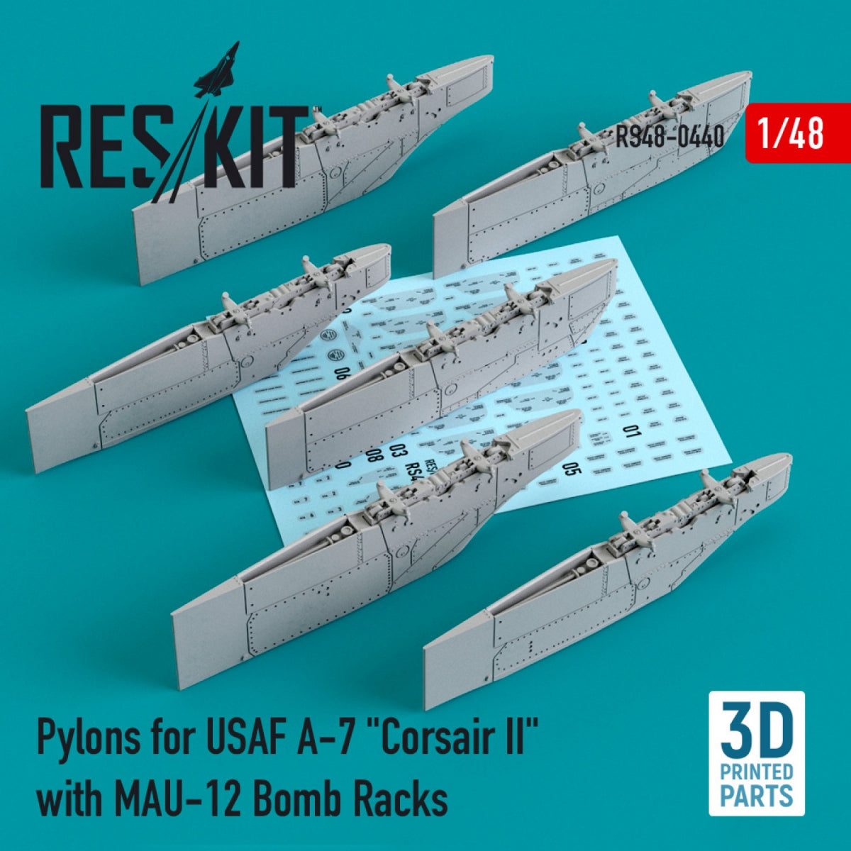 Pylônes RESKIT RS48-0440 pour A-7 « CORSAIR II » de l&amp;#39;USAF avec supports de bombes MAU-12 (impression 3D) 1/48
