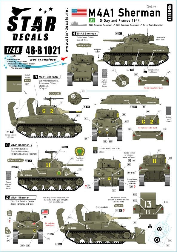 Star Decals 48-B1021 US M4A1 Sherman. Débarquement et France 1944. Échelle 1/48