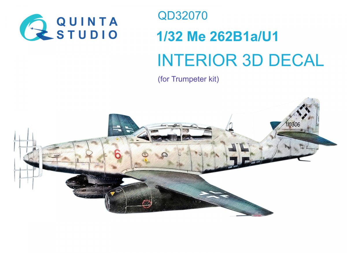 Intérieur imprimé en 3D et coloré sur papier décalcomanie Quinta Studio QD32070 Me 262B1a/U-1 (Trumpeter) 1/32