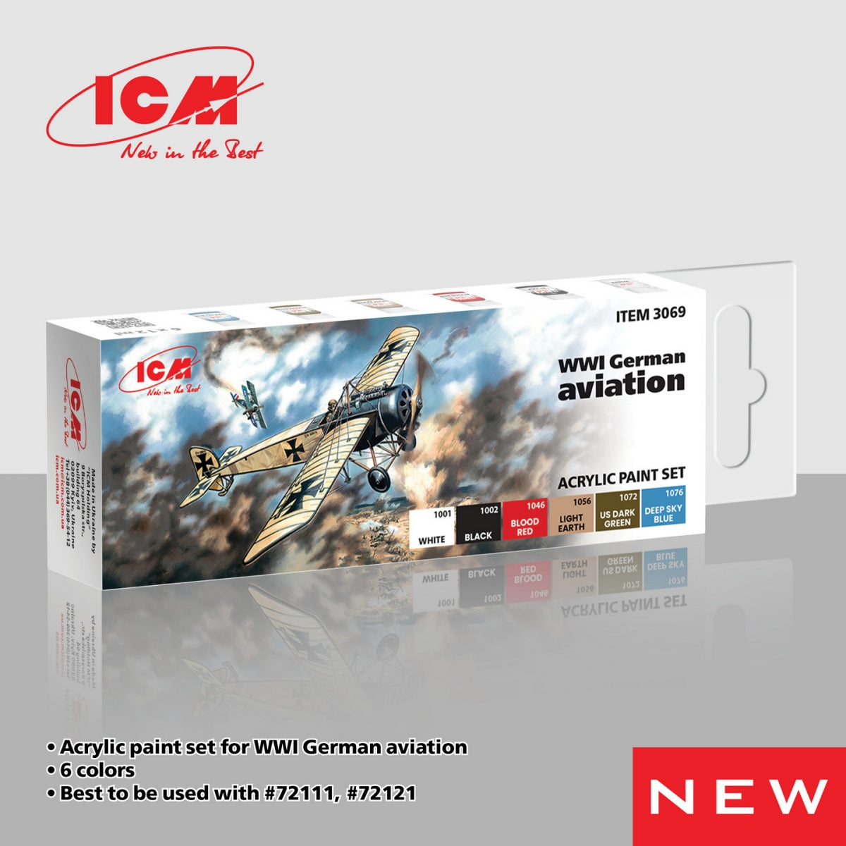 Coffret de peinture acrylique ICM 3069 pour l'aviation allemande de la Première Guerre mondiale, 12 ml x 6