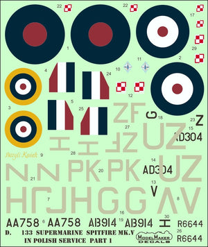 Décalcomanies ModelMaker D48133 Supermarine Spitfire Mk V en service polonais, partie I, échelle 1/48
