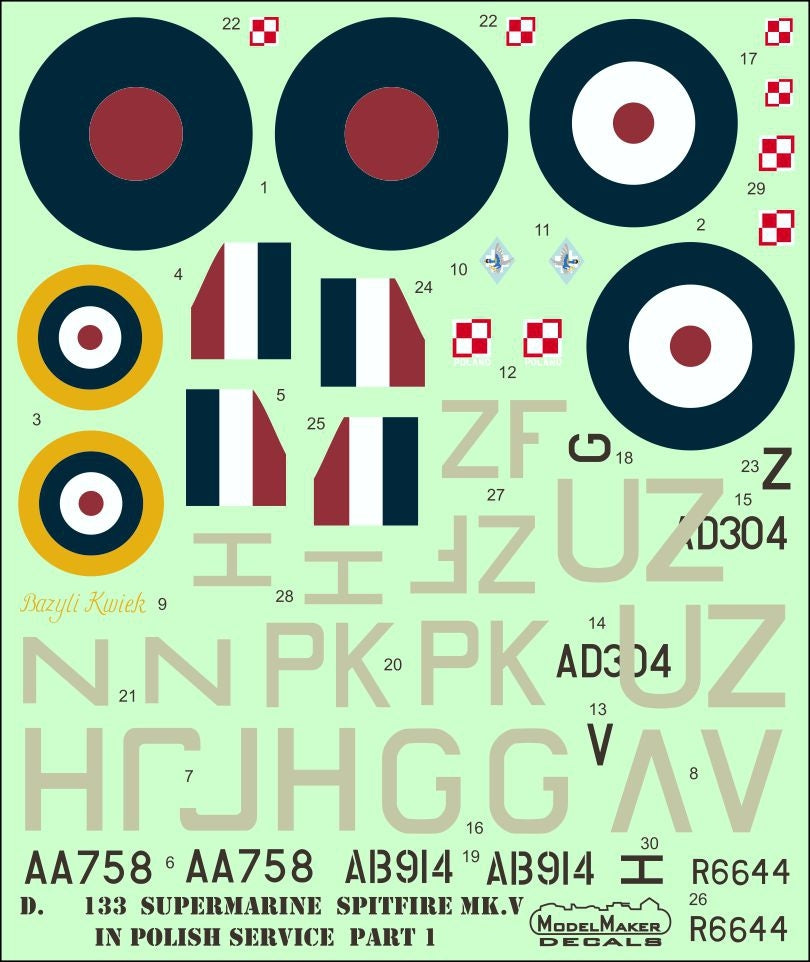 Décalcomanies ModelMaker D48133 Supermarine Spitfire Mk V en service polonais, partie I, échelle 1/48