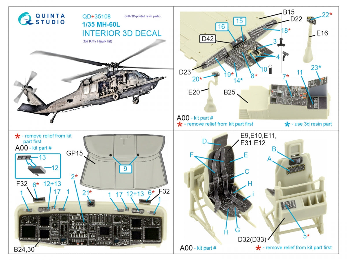 Intérieur du MH-60L Quinta Studio QD+35108 imprimé en 3D et coloré sur papier décalcomanie (Kitty Hawk) (avec pièces en résine imprimées en 3D) 1/35 – immagine 2