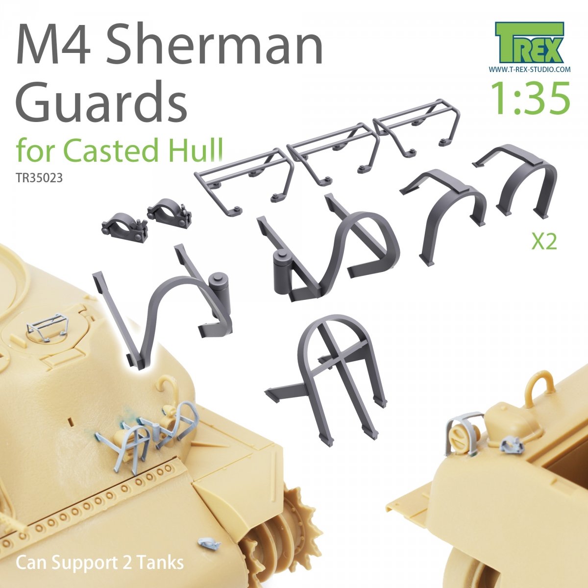 Le set de gardes T-Rex Studio TR35023 M4 Sherman (pour coque moulée) peut supporter 2 chars à l&amp;#39;échelle 1/35.