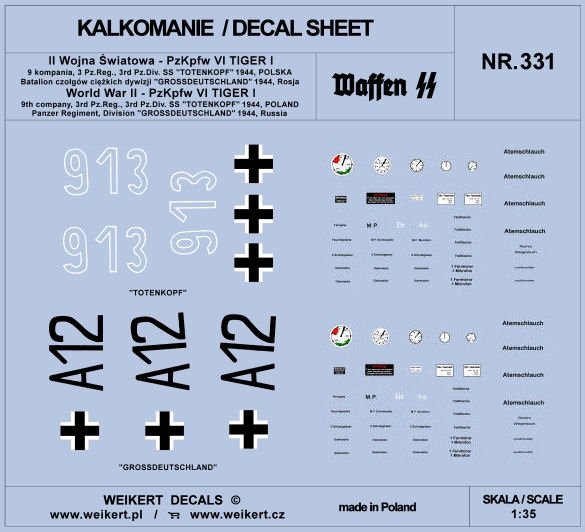 Weikert Decal DEC331 PzKpfw VI TIGER - Division SS Totenkopf et Division Grossdeutschland - 1944 - vol.1 1/35
