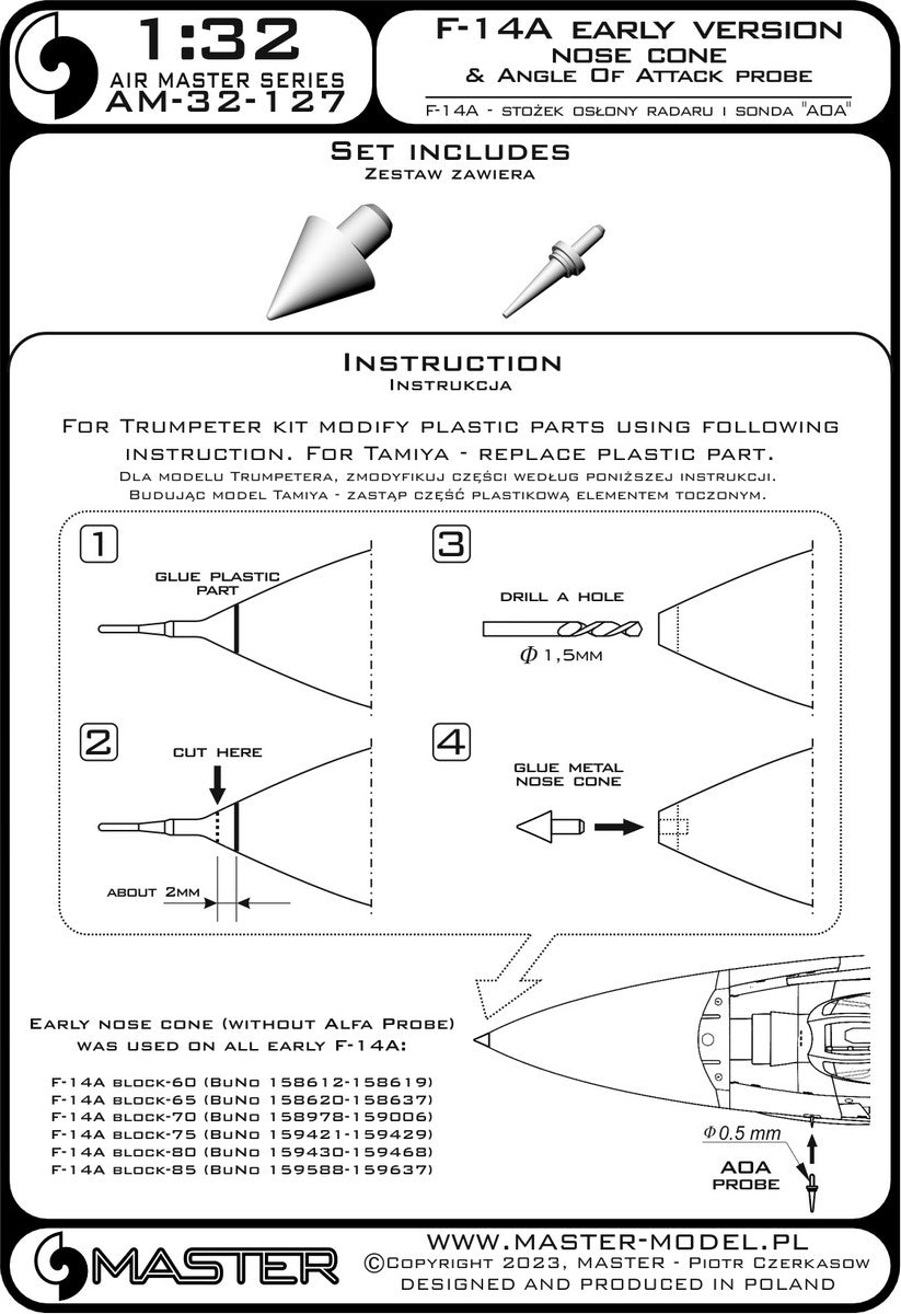 Master AM-32-127 F-14A version initiale - cône de radôme et sonde d&amp;#39;angle d&amp;#39;attaque 1/32 – image 3