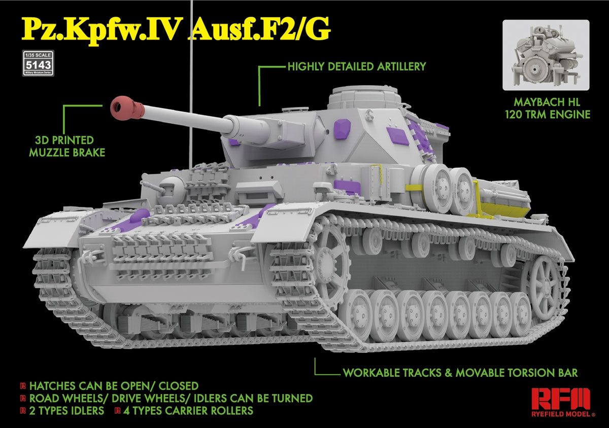 Maquette Rye Field 5143 Pz.Kpfw.IV Ausf.F2/G avec moteur et chenilles fonctionnelles, échelle 1/35 – image 3