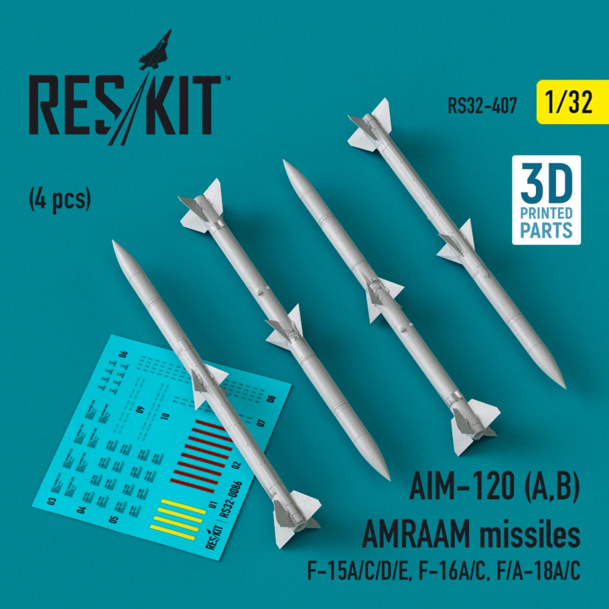 RESKIT RS32-0407 Missiles AIM-120 (A,B) AMRAAM (4 pièces) (Impression 3D) 1/32