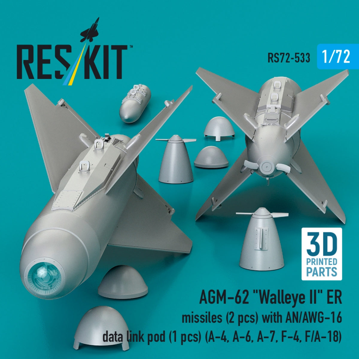 RESKIT RS72-0533 AGM-62 "Walleye II" ER missiles (2 pcs) with AN/AWG-16 data link pod (1 pcs) (A-4, A-6, A-7, F-4, F/A-18) (3D Printed) 1/72