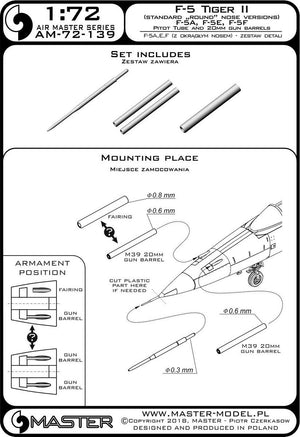 Master AM-72-139 F-5 Tiger II « Freedom Fighter » (version nez rond) - F-5A, E, F - kit de détails - Tube Pitot et canons de 20 mm 1/72 – imagen 3