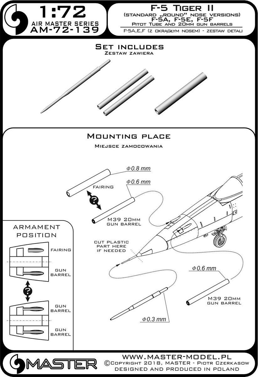 Master AM-72-139 F-5 Tiger II « Freedom Fighter » (version nez rond) - F-5A, E, F - kit de détails - Tube Pitot et canons de 20 mm 1/72 – imagen 3