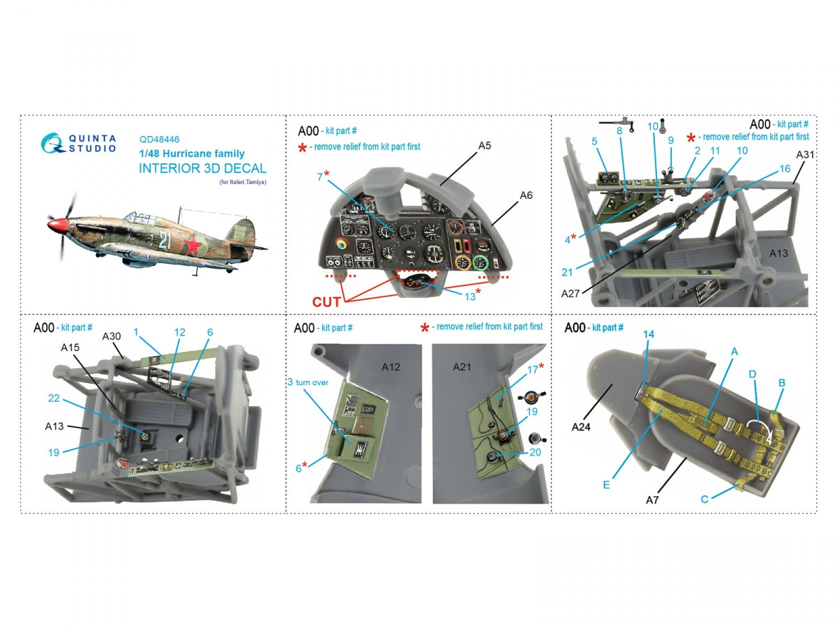 Intérieur coloré imprimé en 3D sur papier décalcomanie Quinta Studio QD48446 pour la famille Hurricane (Italeri/Tamiya) au 1/48 – image 5