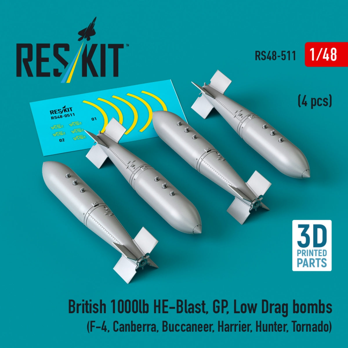 RESKIT RS48-0511 Bombes britanniques HE-Blast de 1000 lb, GP, à faible traînée (4 pièces) (impression 3D) 1/48