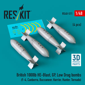 RESKIT RS48-0511 Bombes britanniques HE-Blast de 1000 lb, GP, à faible traînée (4 pièces) (impression 3D) 1/48