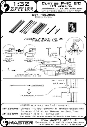 Master AM-32-097 Curtiss P-40 B/C - Version américaine - Canons de fusil Browning de calibre .30 et tubes Pitot version américaine (1/32) – imagen 3