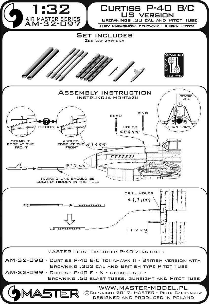 Master AM-32-097 Curtiss P-40 B/C - Version américaine - Canons de fusil Browning de calibre .30 et tubes Pitot version américaine (1/32) – imagen 3