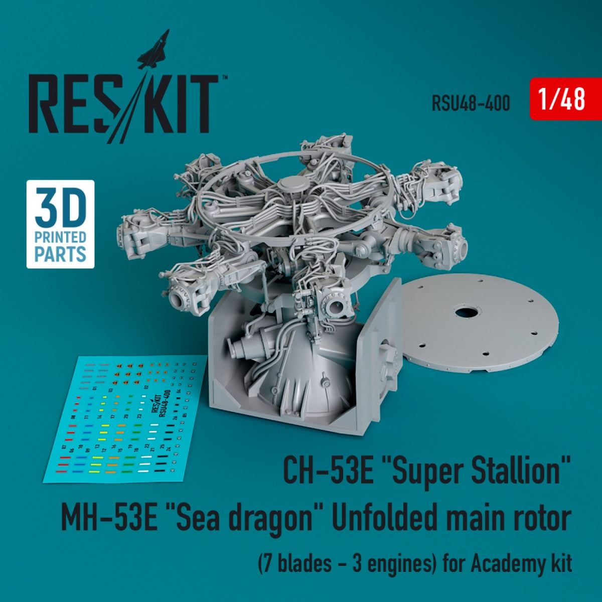 RESKIT RSU48-0400 CH-53E « Super Stallion », MH-53E « Sea Dragon », rotor principal déplié (7 pales - 3 moteurs) pour maquette Academy (impression 3D) au 1/48