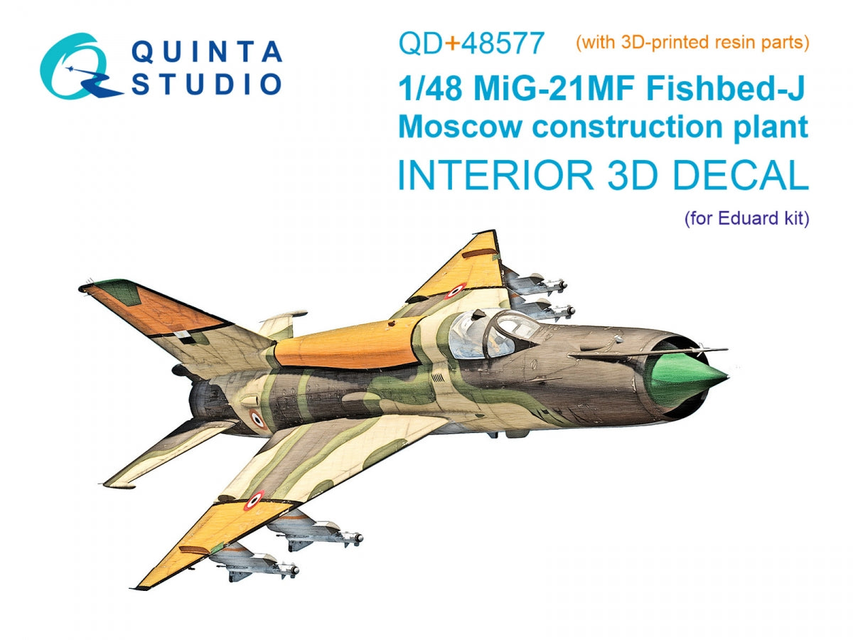 Quinta Studio QD+48577 MiG-21MF Fishbed-J (usine de Moscou) Intérieur imprimé en 3D et coloré sur papier décalcomanie (Eduard) (avec pièces en résine imprimées en 3D) 1/48