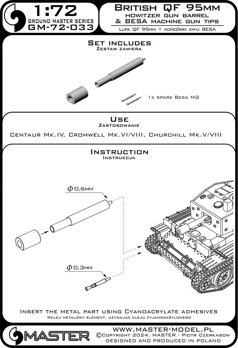 Master GM-72-033 British QF 95mm Howitzer + Besa MG Mounts - Centaur Mk.IV, Cromwell Mk.VI/VIII, Churchill Mk.V/VIII and others 1/72 – image 8