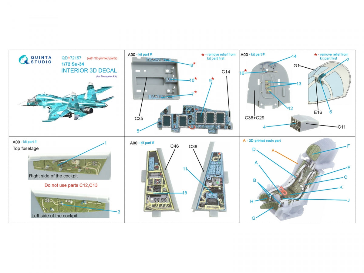 Quinta Studio QD+72157 Su-34 Intérieur coloré imprimé en 3D sur papier décalcomanie (Trumpeter) (avec pièce en résine imprimée en 3D) 1/72 – image 2