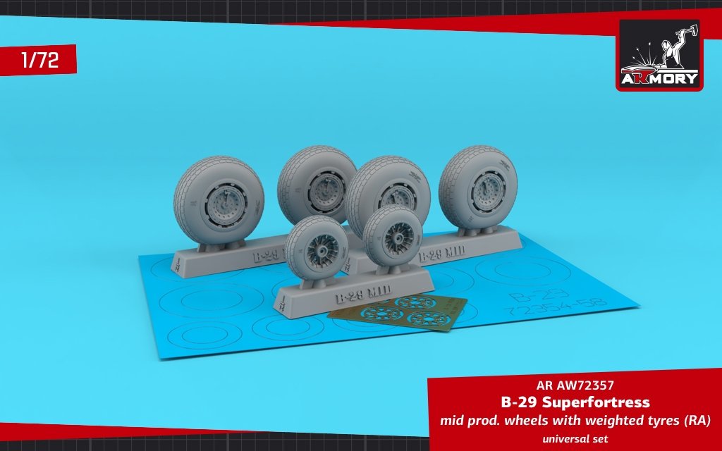 Armory Models AW72357 B-29 Superfortress roues de production moyenne avec pneus lestés (RA) enjoliveurs photodécoupés 1/72