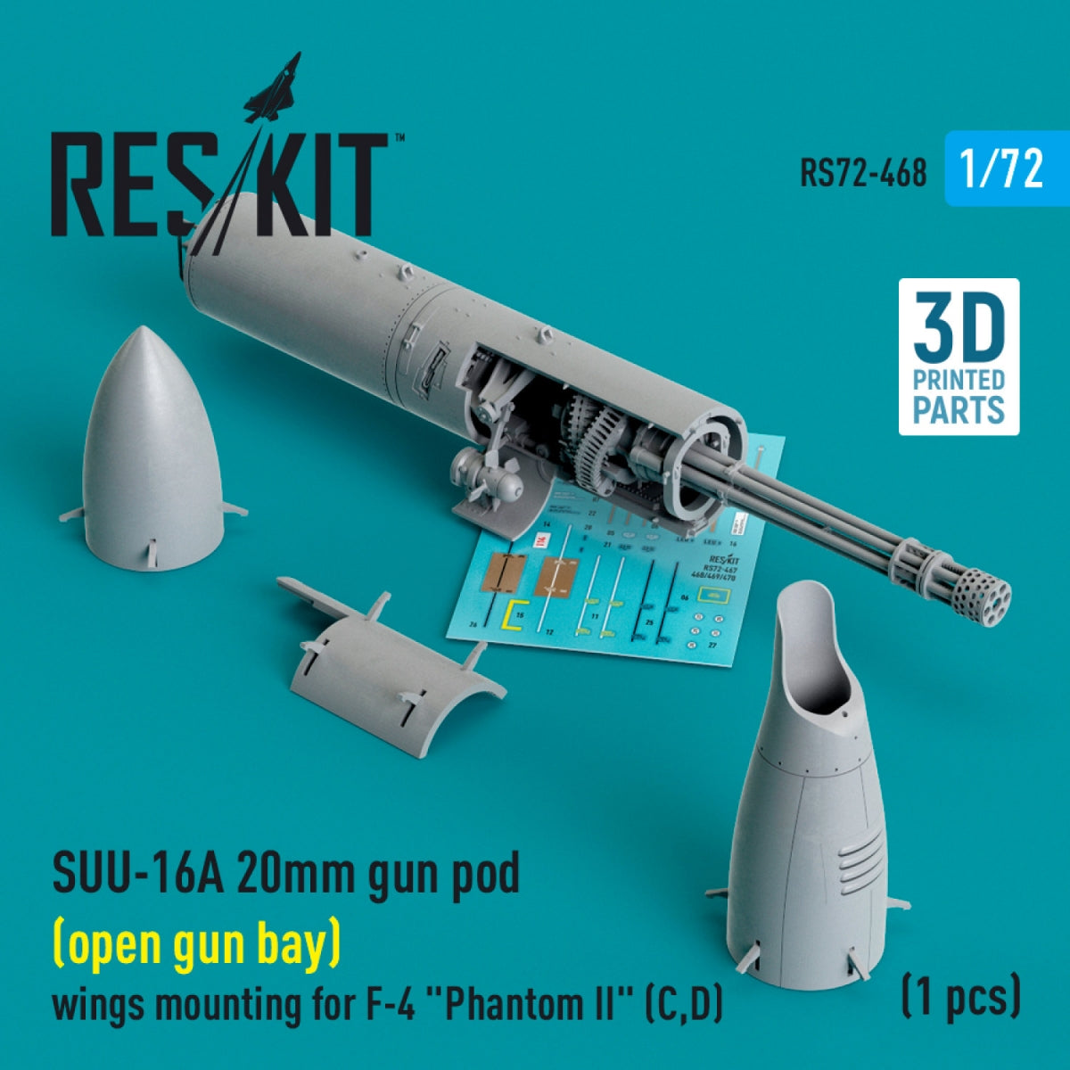 RESKIT RS72-0468 SUU-16A 20mm gun pod (open gun bay) wings mounting for F-4 Phantom II (C,D) (1 pcs) (3D Printed) 1/72 – zdjęcie 2