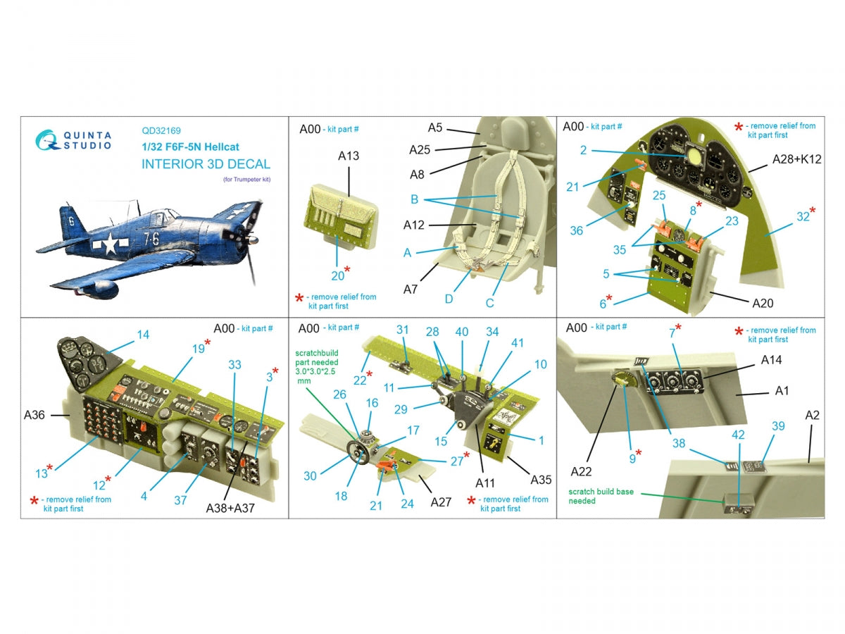 Intérieur imprimé en 3D et coloré sur papier décalcomanie Quinta Studio QD32169 F6F-5N Hellcat (Trumpeter) 1/32 – image 2