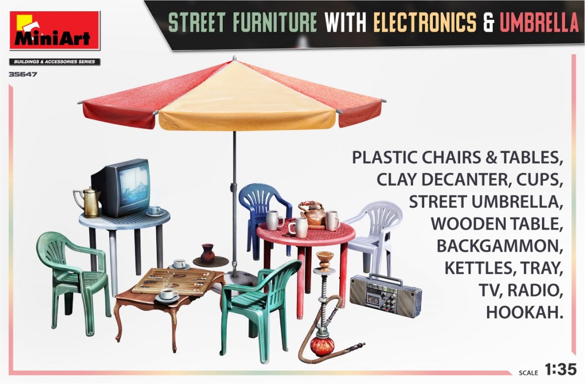 MiniArt 35647 MOBILIER DE RUE AVEC ÉLECTRONIQUE ET PARAPLUIE 1/35 – immagine 2