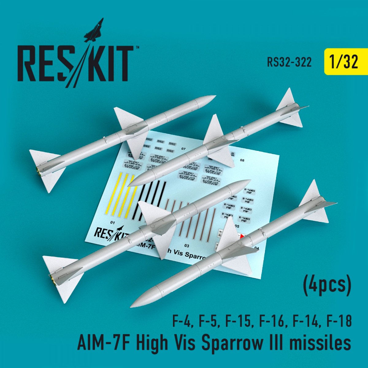 RESKIT RS32-0322 MISSILES AIM-7F HAUTE VISIBILITÉ SPARROW III (4 PIÈCES) 1/32